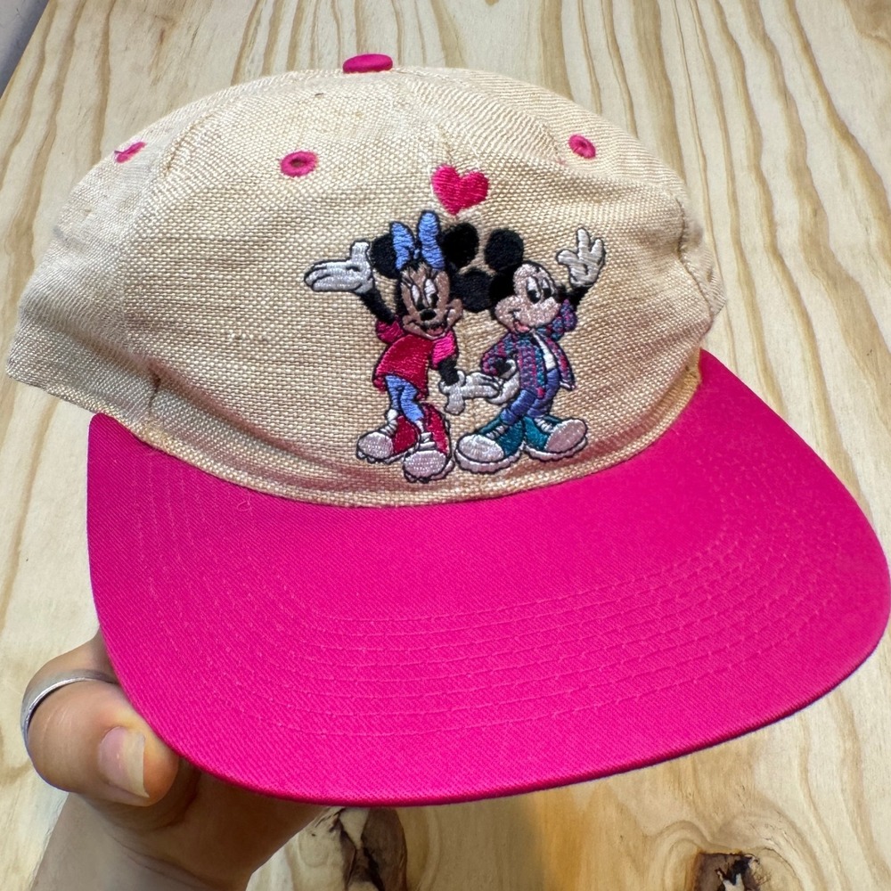 Mickey Unlimited Vintage Mickey Minnie Mouse Snapback Hat Tan Pink OS 90s Retro